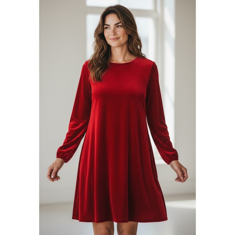 Eileen‎ Fisher Large Ruby Red Crew Neck Long Sleeve Velvet Knee Length Dress NWT